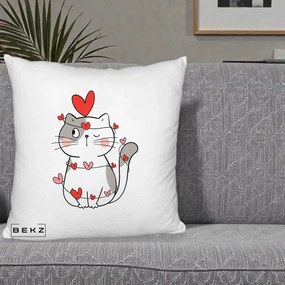 Perna Decorativa Pisica Kawaii cu Inimi, 40x40 cm, Alb Pufos, Husa Detasabila, Perna Inclusa, BEKZ®