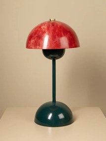 Lampă de masă din rășină roșie, cu structură din metal kaki, abajur în formă de semisferă, finisaj lucios, 47×25 cm, „Cipola"