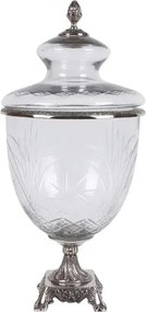 Bombonieră pe picior din sticlă gravată și aluminiu, argintie, cu capac, aspect vintage, finisaj antichizat, 51 x 24 cm, „Cassandre”