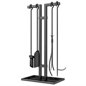Outsunny Set servitor pentru șemineu 5 piese, unelte pentru șemineu, din metal, mătură, lopată, clește, tisonier și suport, negru | Aosom Romania