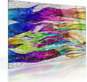 Tablou pe sticlă - Zid de cărămidă cu flăcări colorate (70x50 cm)