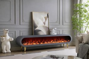 Șemineu electric cu efect LED realist, Comodă TV cu design oval, control vocal și telecomandă, fără încălzire, 180 cm, Gri