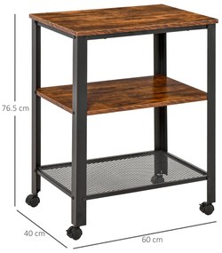 Homcom Carucior Etajera Pentru Obiecte cu Rotite 3 Rafturi Stil Industrial din Metal si Lemn Negru si Maro 60 x 40 x 76.5cm