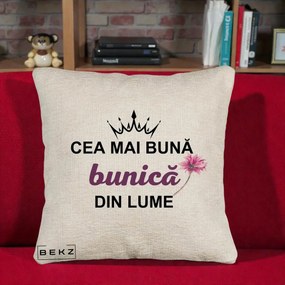 Cadou pentru Bunica - Perna Personalizata Cea Mai Buna Bunica Din Lume Coroana Mov Floare Roz, 40x40 cm, Bej Canapea, Husa Detasabila, Perna Inclusa, BEKZ®