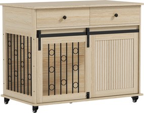 PawHut Cușcă pentru câini pe roți, 2 uși, 2 sertare, pentru câini medii și mari, lemn, oțel | Aosom Romania