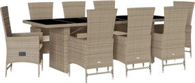 vidaXL Set de masă pentru grădină, 9 piese, cu perne, bej, poliratan