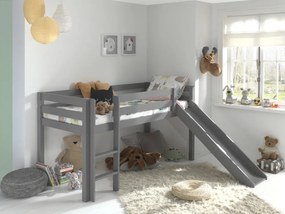 Pat înălțat copii VIPACK Pino cu tobogan, 90 x 200 cm, gri, înălțime 115 cm