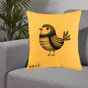 Perna Decorativa Pasare Teal Decorativa Dungata, 40x40 cm, Galben, Husa Detasabila, Perna Inclusa, BEKZ®