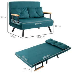 HOMCOM Canapea Dubla Extensibila 3 in 1 Catifea cu Spatar Reglabil pe 5 Niveluri si Perne Capitonate, Verde marin | Aosom Romania