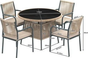 Set mobilier de grădină modern, 5 piese, masă rotundă cu blat din sticlă securizată, 4 scaune cu brațe cu spătar din sfoară, Gri