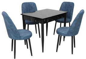 Set masă fixă Deco Negru Marmorat cu 4 scaune Cronos Blue