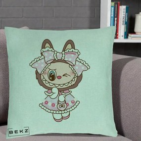 Perna Personalizata Labubu Lolita Roz cu Dantela, 40x40 cm, Verde Menta, Husa Detasabila, Perna Inclusa, BEKZ®