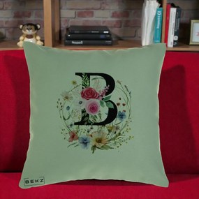 Cadou Personalizat - Perna Personalizata Monogram Litera B cu Flori Acuarela, 40x40 cm, Verde, Husa Detasabila, Perna Inclusa, BEKZ®