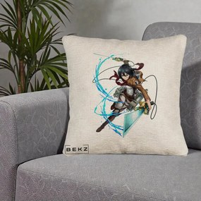 Perna Personalizata Attack on Titan Mikasa Ackerman Lupta, 40x40 cm, Bej Canapea, Husa Detasabila, Perna Inclusa, BEKZ®