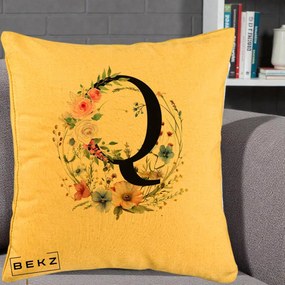 Cadou Personalizat - Perna Personalizata Monogram Litera Q cu Flori Acuarela, 40x40 cm, Galben, Husa Detasabila, Perna Inclusa, BEKZ®