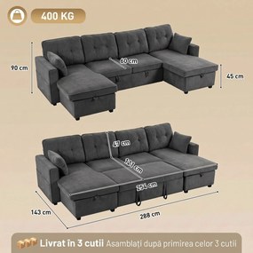 HOMCOM Canapea extensibilă mare în U, cu 2 șezlonguri, depozitare și 2 perne, chenille, gri închis | Aosom Romania