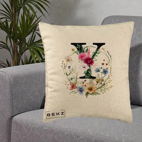 Cadou Personalizat - Perna Personalizata Monograma Florala Litera Y cu Coroana, 40x40 cm, Bej, Husa Detasabila, Perna Inclusa, BEKZ®