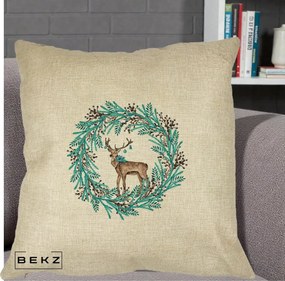Perna Decorativa Coroana Turcoaz cu Ren, 40x40 cm, Crem, Husa Detasabila, Perna Inclusa, BEKZ®