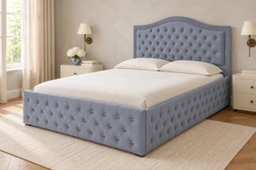 Pat tapițat Chesterfield din catifea Solaria Deluxe Cristal 120×200 cm, gri deschis, cu ladă de depozitare