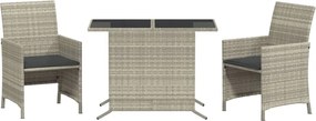 vidaXL Set bistro cu perne, 3 piese, gri deschis, poliratan