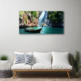 Tablou pe panza canvas Barca Lacul Rocks Peisaj Albastru Maro Verde