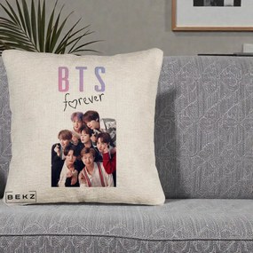 Perna Personalizata K-pop BTS Forever cu Foto Grup Negru, 40x40 cm, Bej Canapea, Husa Detasabila, Perna Inclusa, BEKZ®