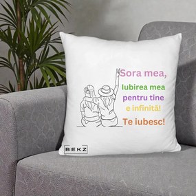 Cadou pentru Sora - Perna Personalizata Sora Mea Te Iubesc Doua Fete cu Palarie si Umbrela, 40x40 cm, Alb Pufos, Husa Detasabila, Perna Inclusa, BEKZ®