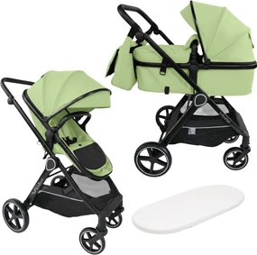 Carucior copii 2 in 1 Kidizi Moveo verde, landou transformabil in parte sport, cadru black, de la nastere pana la 22 kg (0–4 ani), saltea si geanta incluse