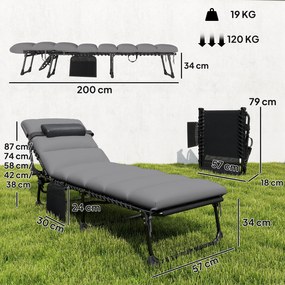 Outsunny Set de 2 Șezlonguri de Grădină Saltea XXL 9cm Reglabil 180° Complet Pliabil în 5 Poziții 200x57x38cm Gri | Aosom Romania