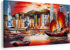 Tablou - Victoria Harbour, Hong Kong, pictură în ulei (90x60 cm)