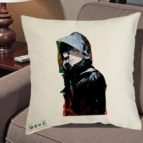 Perna Personalizata Tokyo Ghoul Ken Kaneki cu Masca si Gluga, 40x40 cm, Ecru, Husa Detasabila, Perna Inclusa, BEKZ®