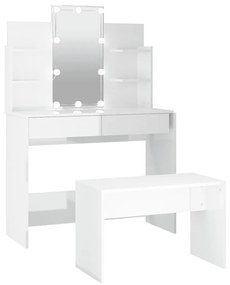 3114127 vidaXL Set măsuță de toaletă cu LED, alb extralucios, lemn prelucrat