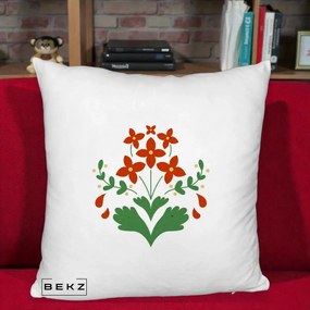 Perna Decorativa Buchet Floral Folk Rosu-Verde, 40x40 cm, Alb Pufos, Husa Detasabila, Perna Inclusa, BEKZ®