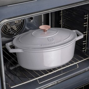 Oală din fontă emailată ovală cu capac 30 cm, 4.65L – Berlinger Haus Taupe Collection BH 6541, perfectă pentru cuptor, friptură și pâine
