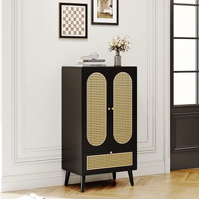 Comodă compactă, design din ratan, 2 uși, 1 sertar, 60×40×110,5 cm, Negru