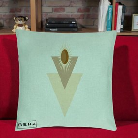 Perna Decorativa Boho Sun cu Triunghiuri Bej si Oval Solar, 40x40 cm, Verde Menta, Husa Detasabila, Perna Inclusa, BEKZ®