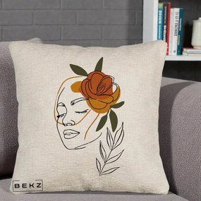 Perna Decorativa Portret Feminin Trandafir Ruginiu, 40x40 cm, Bej Canapea, Husa Detasabila, Perna Inclusa, BEKZ®