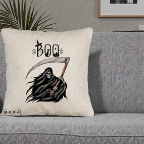 Perna Decorativa Halloween Boo Grim Reaper cu Coasa, 40x40 cm, Bej Canapea, Husa Detasabila, Perna Inclusa, BEKZ®