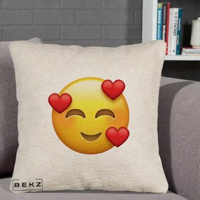 Perna Decorativa Emoji cu 3 Inimi, 40x40 cm, Bej Canapea, Husa Detasabila, Perna Inclusa, BEKZ®