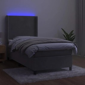 Pat continental cu saltea  LED, gri deschis, 80x200 cm catifea Gri deschis, 80 x 200 cm, Design simplu