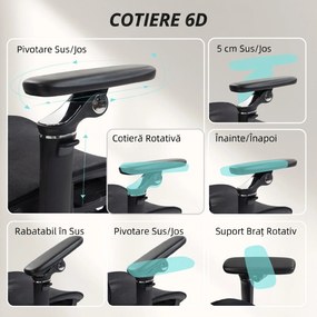 HOMCOM Scaun de Birou Ergonomic din Plasă cu Cotiere, Tetieră, Spătar Reglabil, Funcție Legănare, Negru | Aosom Romania