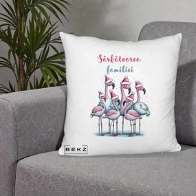 Perna Decorativa Flamingo Craciun Sarbatoarea Familiei, 40x40 cm, Alb Pufos, Husa Detasabila, Perna Inclusa, BEKZ®