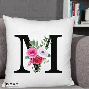 Cadou Personalizat - Perna Personalizata Monograma Florala Litera M cu Trandafiri si Anemona, 40x40 cm, Alb Pufos, Husa Detasabila, Perna Inclusa, BEKZ®