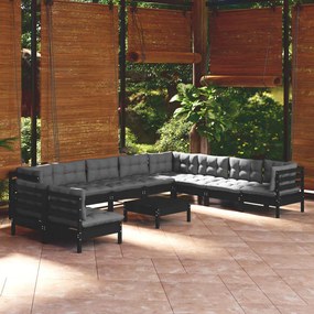Set mobilier gradina cu perne, 11 piese, negru, lemn masiv pin Negru, 1