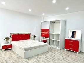Dormitor Palermo, culoare alb / rosu, cu pat tapitat 160 x 200 cm, dulap cu 2 usi, comoda cu oglinda, 2 noptiere