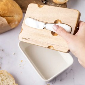 Cutie ceramica si cutit pentru unt Klausberg KB 7785, Capac lemn de salcam, Otel inoxidabil, Alb/Maro