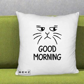 Perna Decorativa Pisica Morocanoasa Good Morning, 40x40 cm, Alb Pufos, Husa Detasabila, Perna Inclusa, BEKZ®
