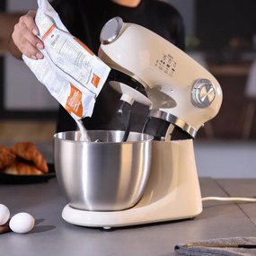Mixer planetar Swiss Haus SH-KM2005, 1000 W, 5 l, 12 viteze, Pornire treptata, Cap rabatabil, Bol din inox, Crem