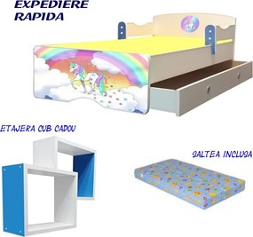Pat copii Unicorn cu saltea inclusa si sertar
