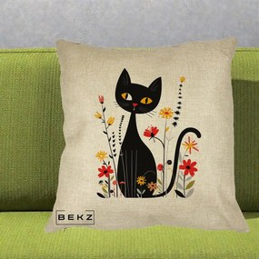 Perna Decorativa Pisica Neagra Ochi Galbeni Flori, 40x40 cm, Crem, Husa Detasabila, Perna Inclusa, BEKZ®